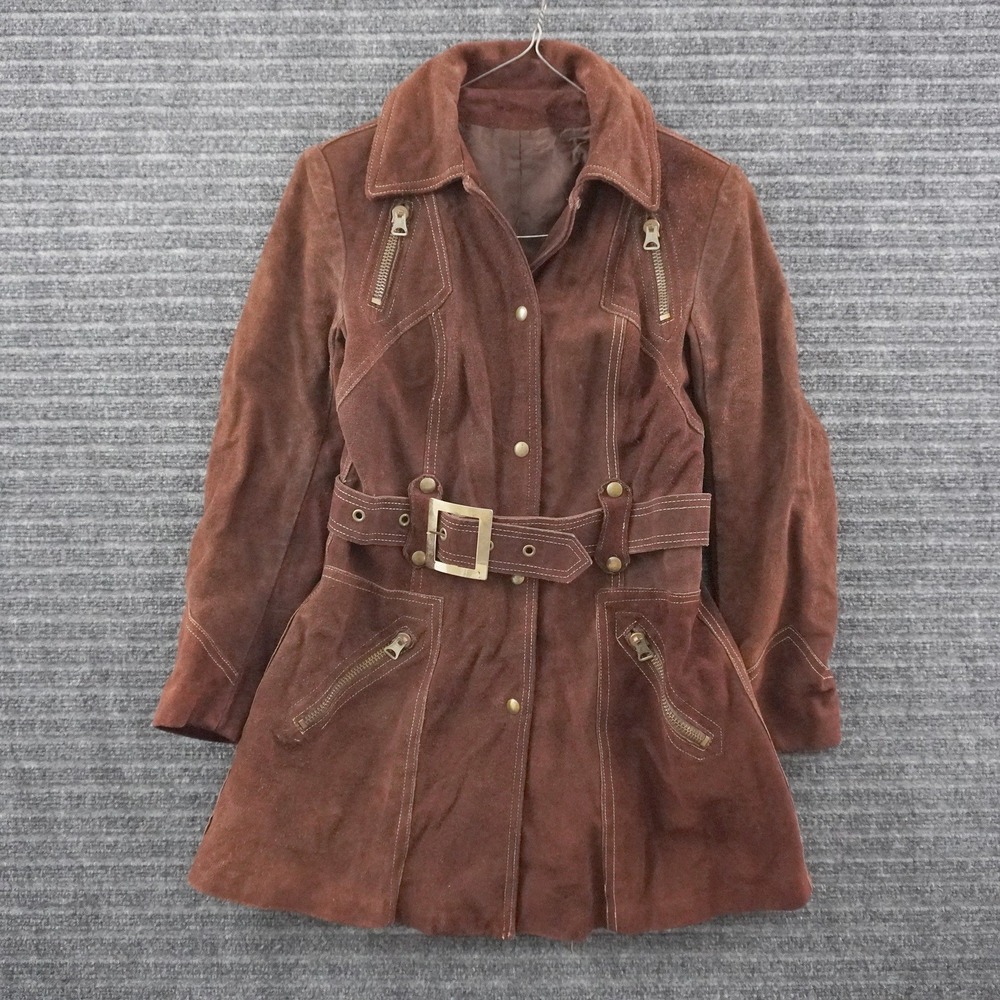 Vintage 50s Suede Leather Jacket Womens Small Brown Belted Utility Zippers